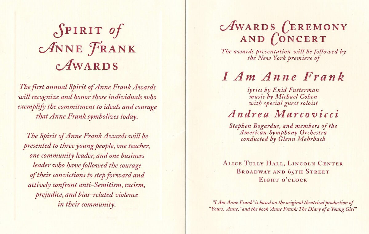 Program from I Am Anne Frank performance at Lincoln Center